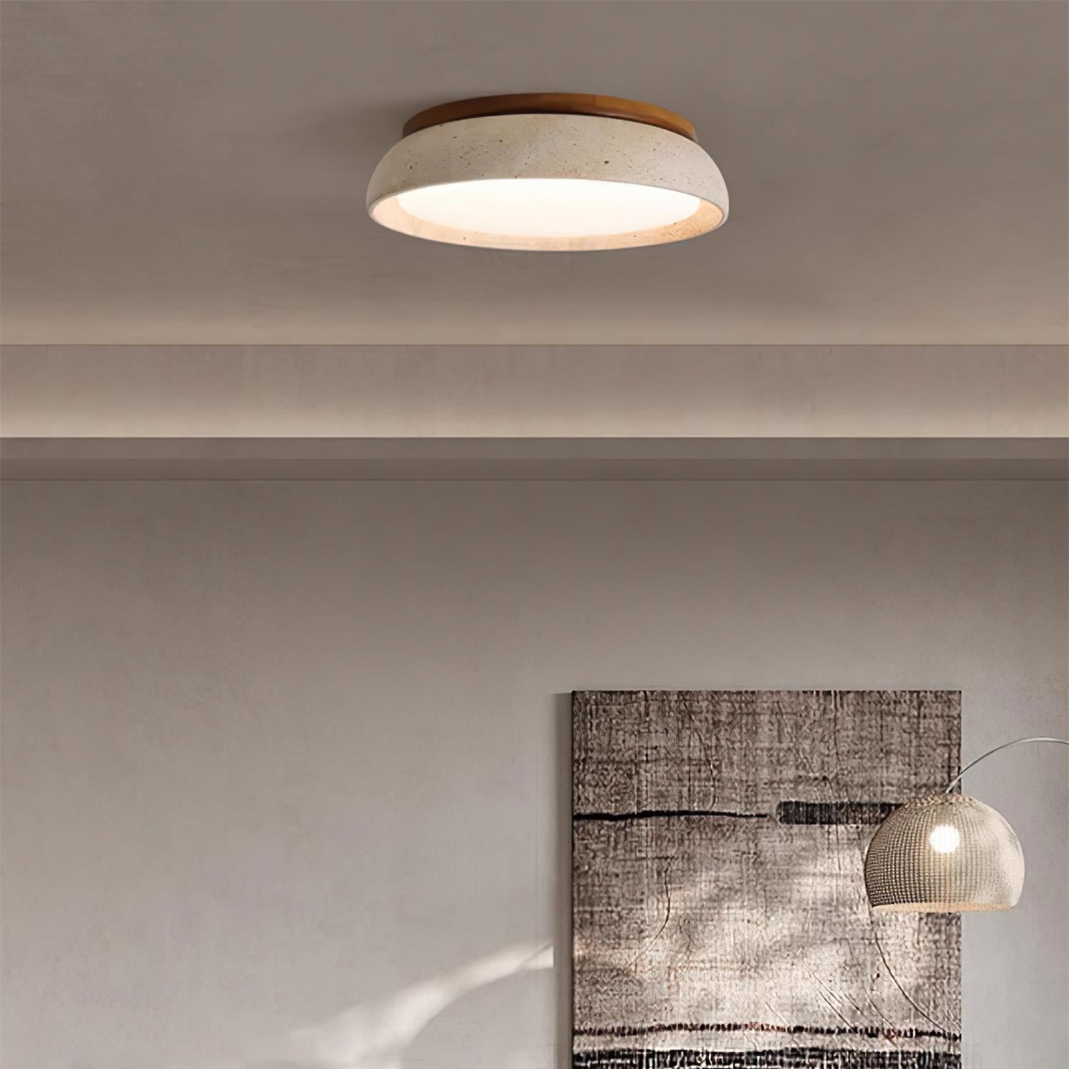 Ceiling Light With Wooden Base Natural Stone Travertine